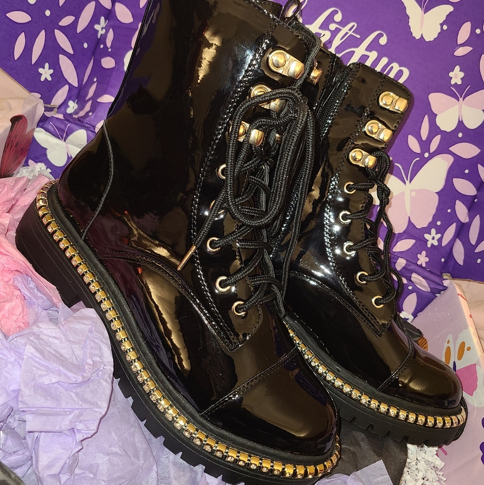 Rhinestone patent leather boot